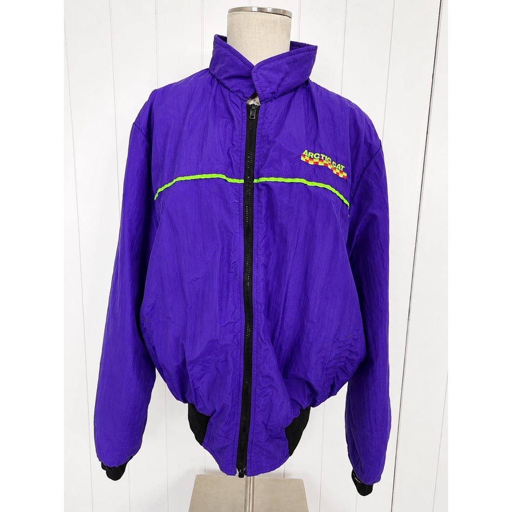 Vintage Arctic Cat Jacket L Purple Neon Snowmobile Racing Coat Liner 80s 90s USA